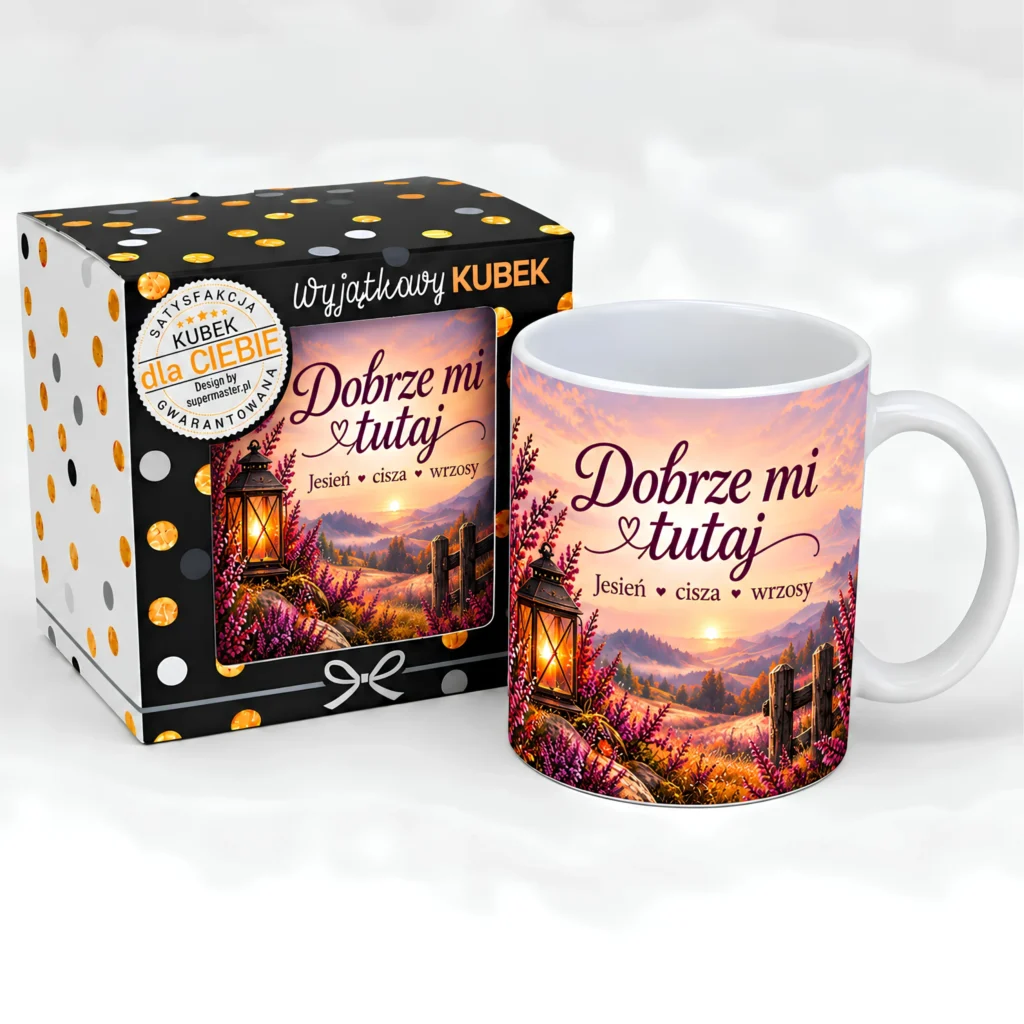 Jesienny Kubek w opakowaniu prezent dla Jesieniary - DOBRZE MI TUTAJ - JESIEŃ, CISZA, WRZOSY – #3309-J6