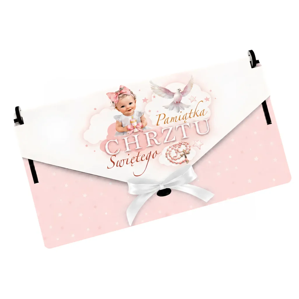 Pudełko na pieniądze koperta prezent na Chrzest - Dziewczynka Różowa - #3370-CHDR
