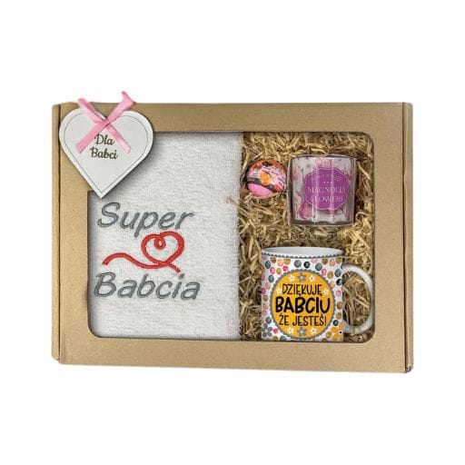 Zestaw duży - ręcznik + kubek +świeca + kula spa – Dziękuję Babciu że jesteś – dzień babci #3339B4
