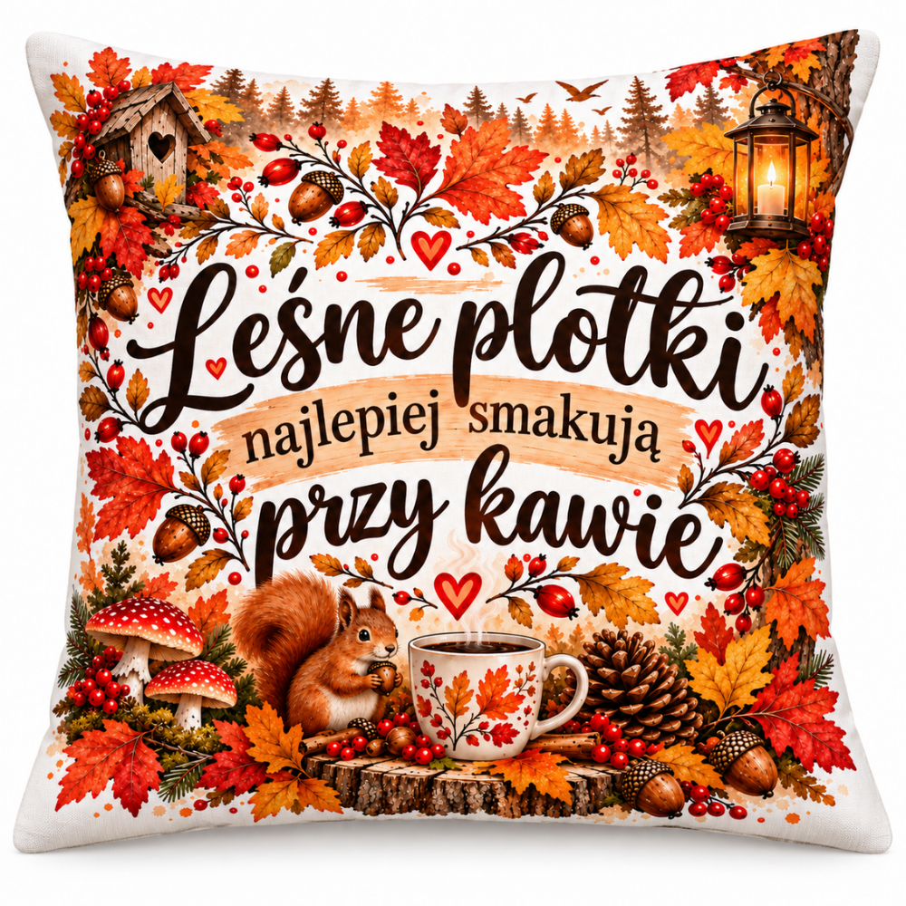 Jesienna Poduszka dla Jesieniary – LEŚNE PLOTKI NAJLEPIEJ SMAKUJĄ PRZY KAWIE – #3335-J2