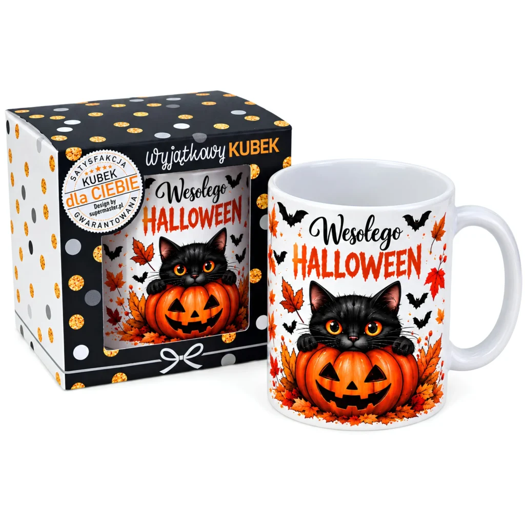 Kubek w opakowaniu na  Halloween - WESOŁEGO HALLOWEEN 1 (kot z dynią) – #3309-H2