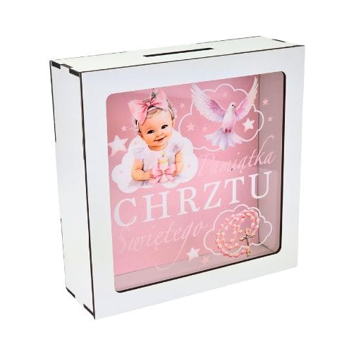 Skarbonka z okienkiem na chrzest dziewczynka różowa #3301CHDR