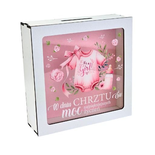 Skarbonka z okienkiem na chrzest dziewczynka różowa #3301CHGR