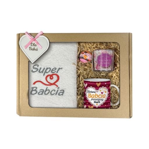 Zestaw duży - ręcznik + kubek +świeca + kula spa – Kochana Babcia prawdziwy skarb – dzień babci #3339B3