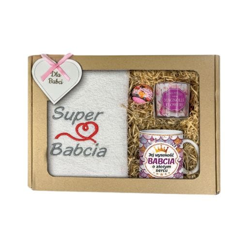 Zestaw duży - ręcznik + kubek +świeca + kula spa – Jej wysokość Babcia o złotym sercu – dzień babci #3339B2