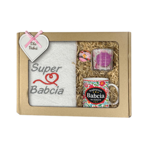 Zestaw duży - ręcznik + kubek +świeca + kula spa – Najlepsza Babcia na świecie – dzień babci #3339B1