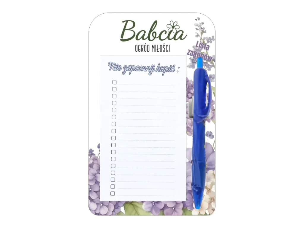 Lista zakupów na lodówkę + długopis – dzień babci #3331B8