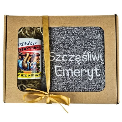 Zestaw RĘCZNIK + KUBEK  haft - Nareszcie Emerytura teraz nic nie muszę #3328EM7M