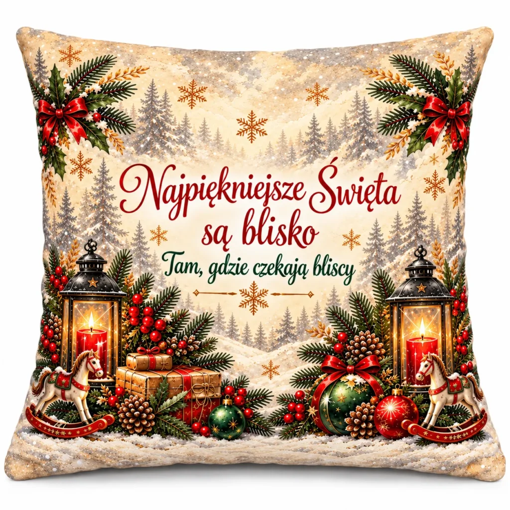 Poduszka świąteczna na mikołajki Boże Narodzenie - NAJPIĘKNIEJSZE ŚWIĘTA SĄ BLISKO (konik) - #3335BN19-26