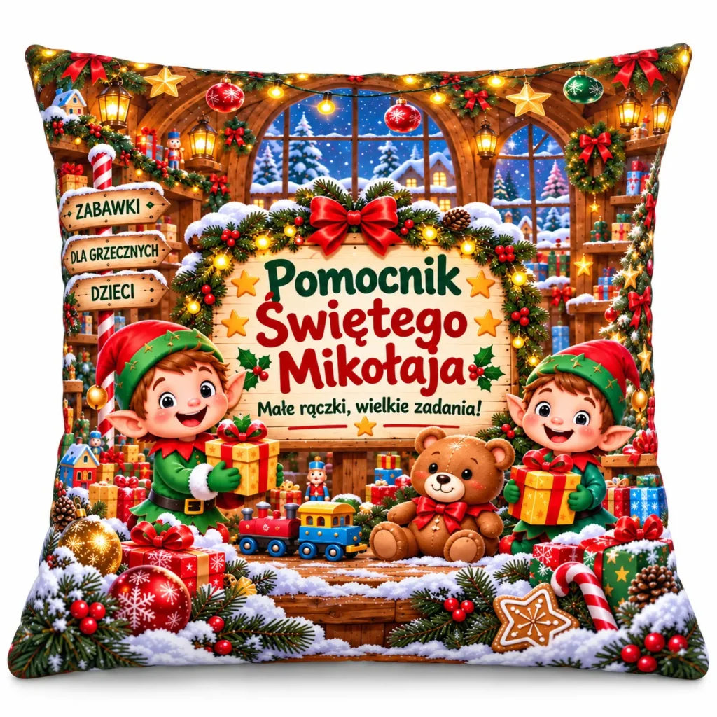 Poduszka świąteczna na mikołajki Boże Narodzenie - POMOCNIK ŚWIĘTEGO MIKOŁAJA (elfy) - #3335BN8-26